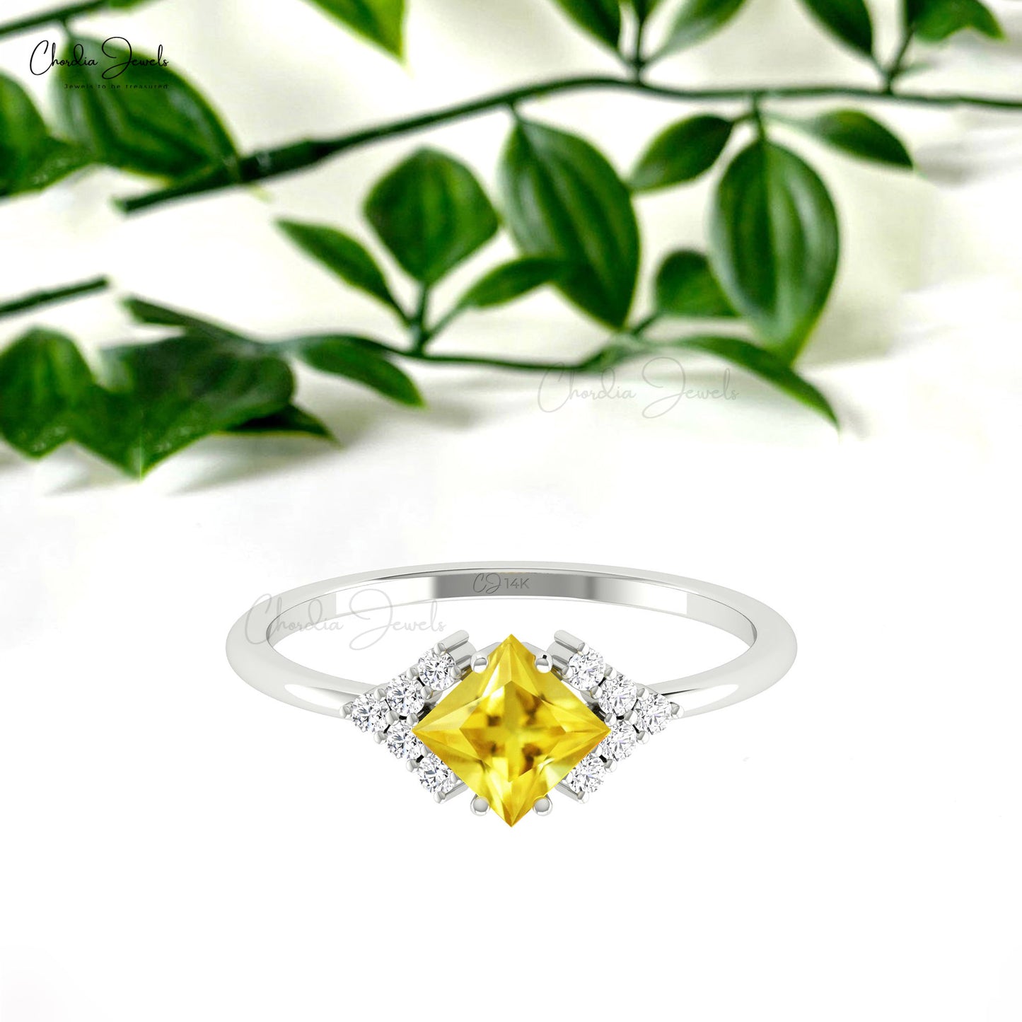 Half Halo Diamond Ring With 5mm Yellow Sapphire Gemstone Accents In 14k Gold Ring