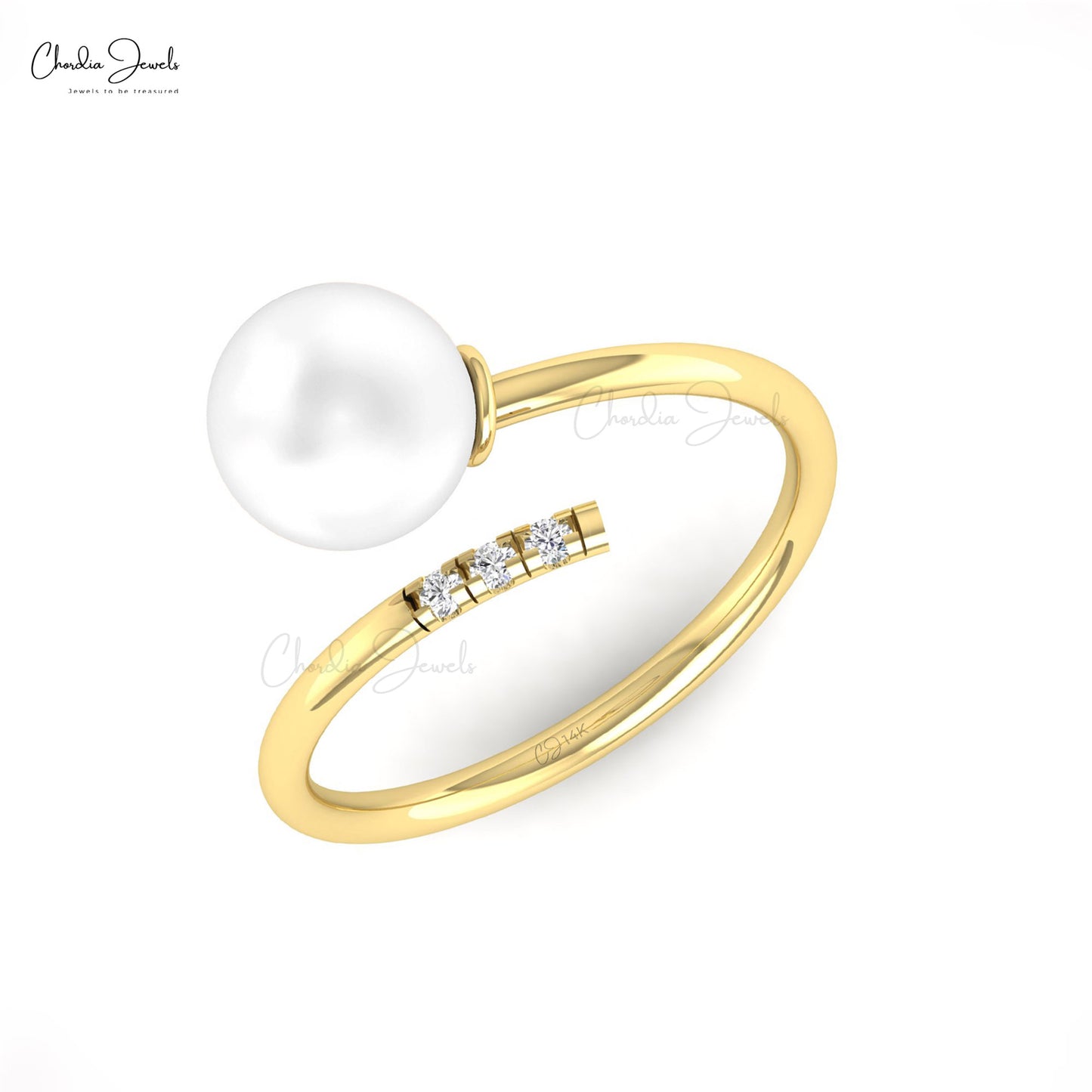 Open Cuff 14k Solid Gold Ring With 8mm Sphere Pearl And G-H Diamond Proposal Ring For Her