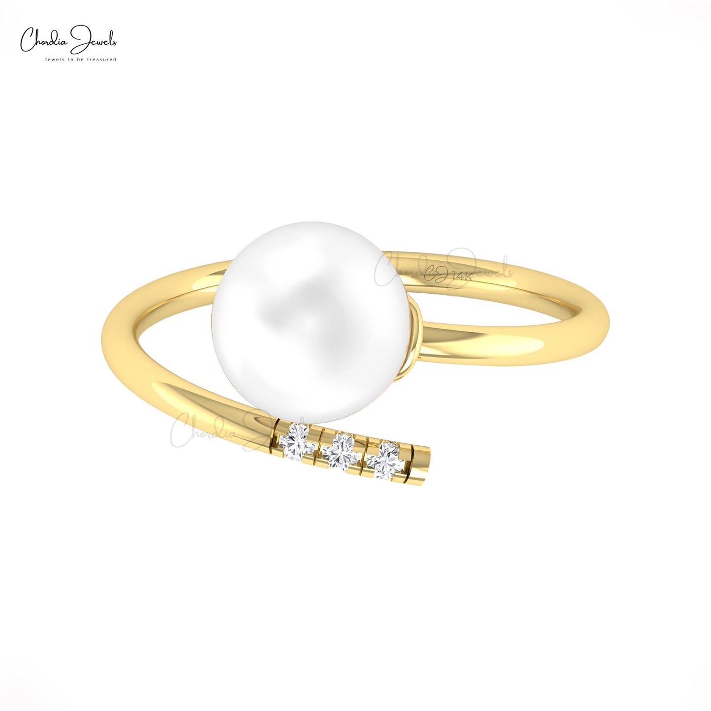 Open Cuff 14k Solid Gold Ring With 8mm Sphere Pearl And G-H Diamond Proposal Ring For Her