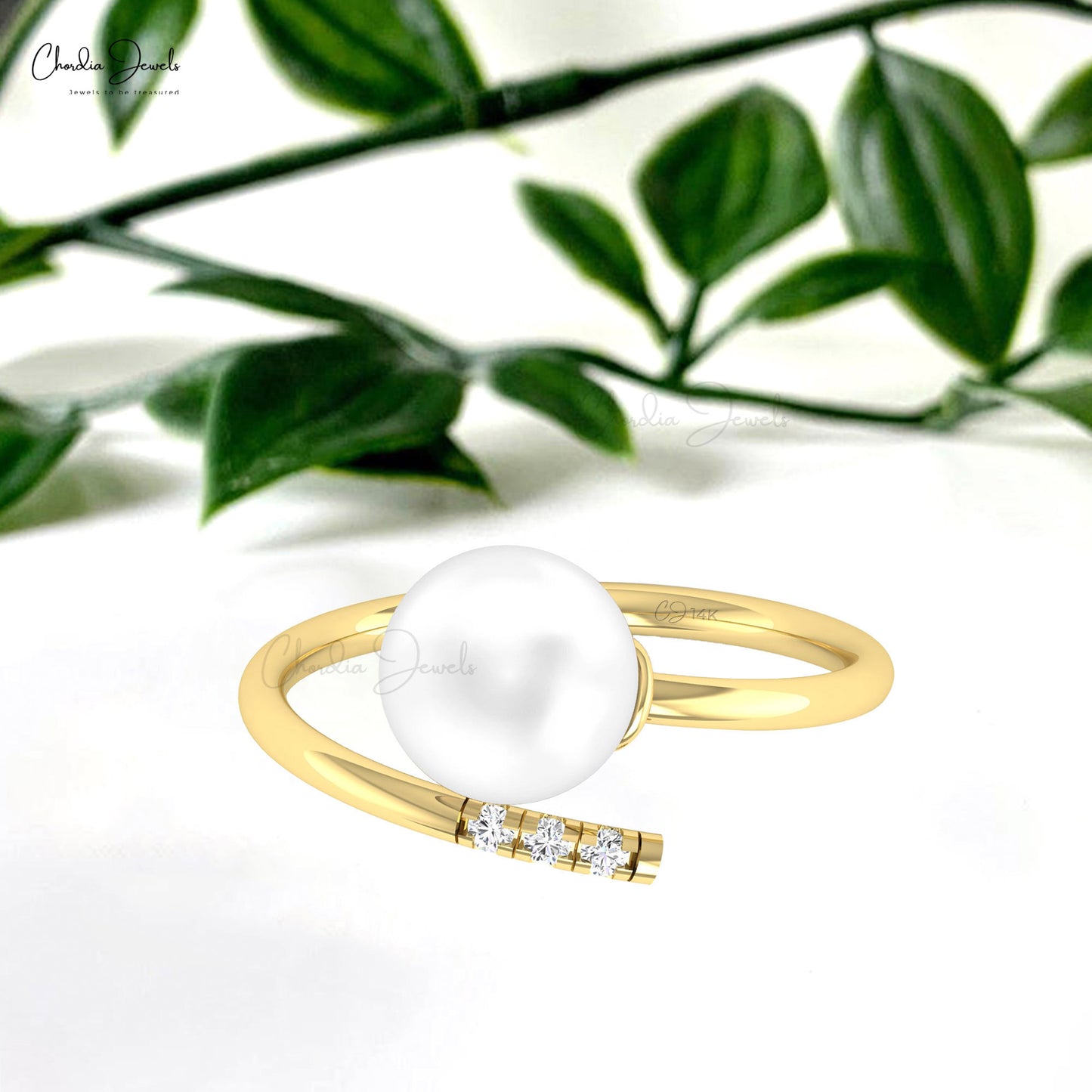 Open Cuff 14k Solid Gold Ring With 8mm Sphere Pearl And G-H Diamond Proposal Ring For Her