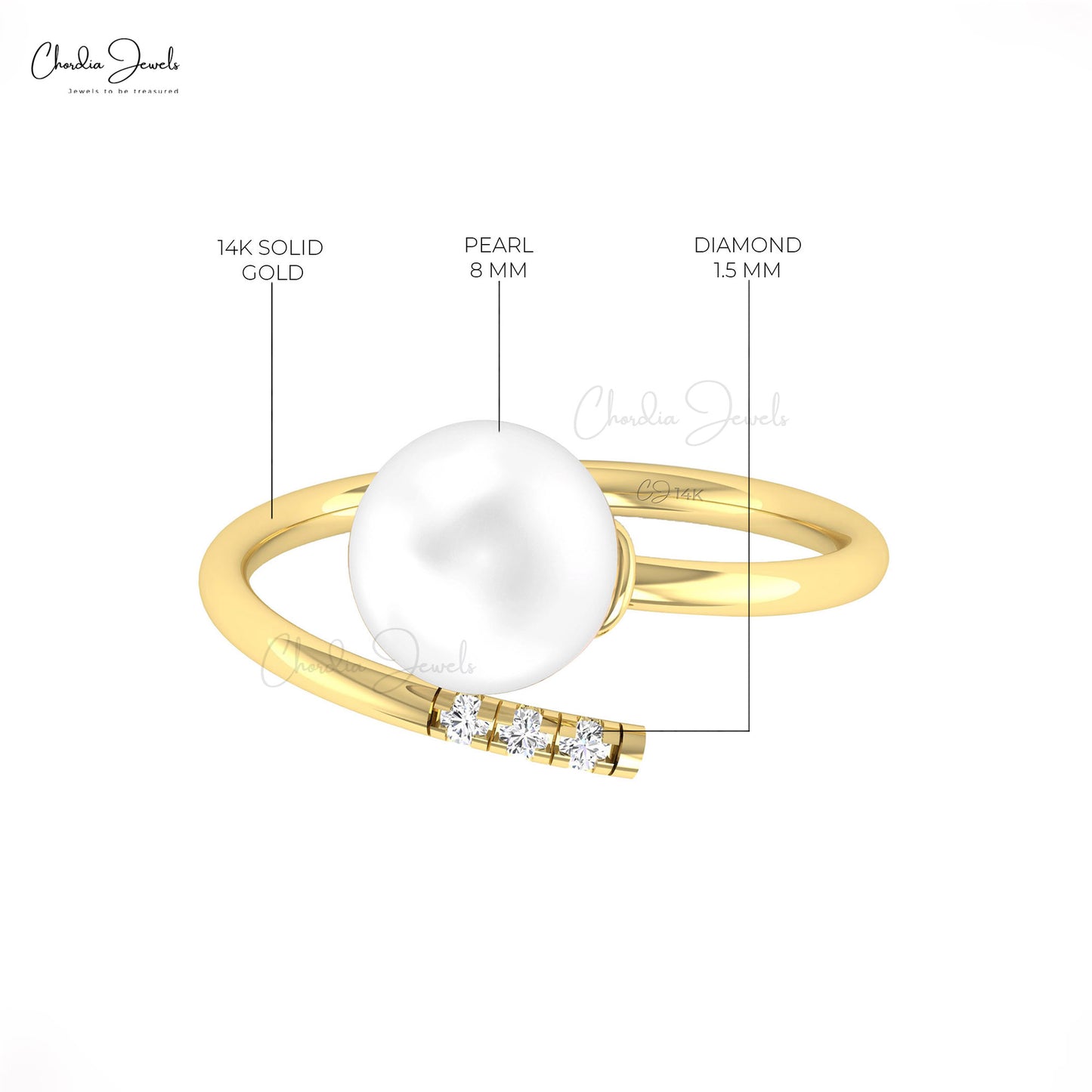 Open Cuff 14k Solid Gold Ring With 8mm Sphere Pearl And G-H Diamond Proposal Ring For Her