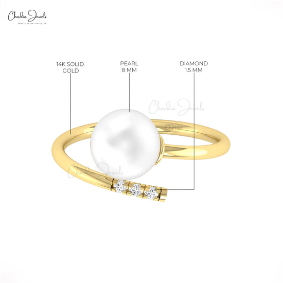 Open Cuff 14k Solid Gold Ring With 8mm Sphere Pearl And G-H Diamond Proposal Ring For Her