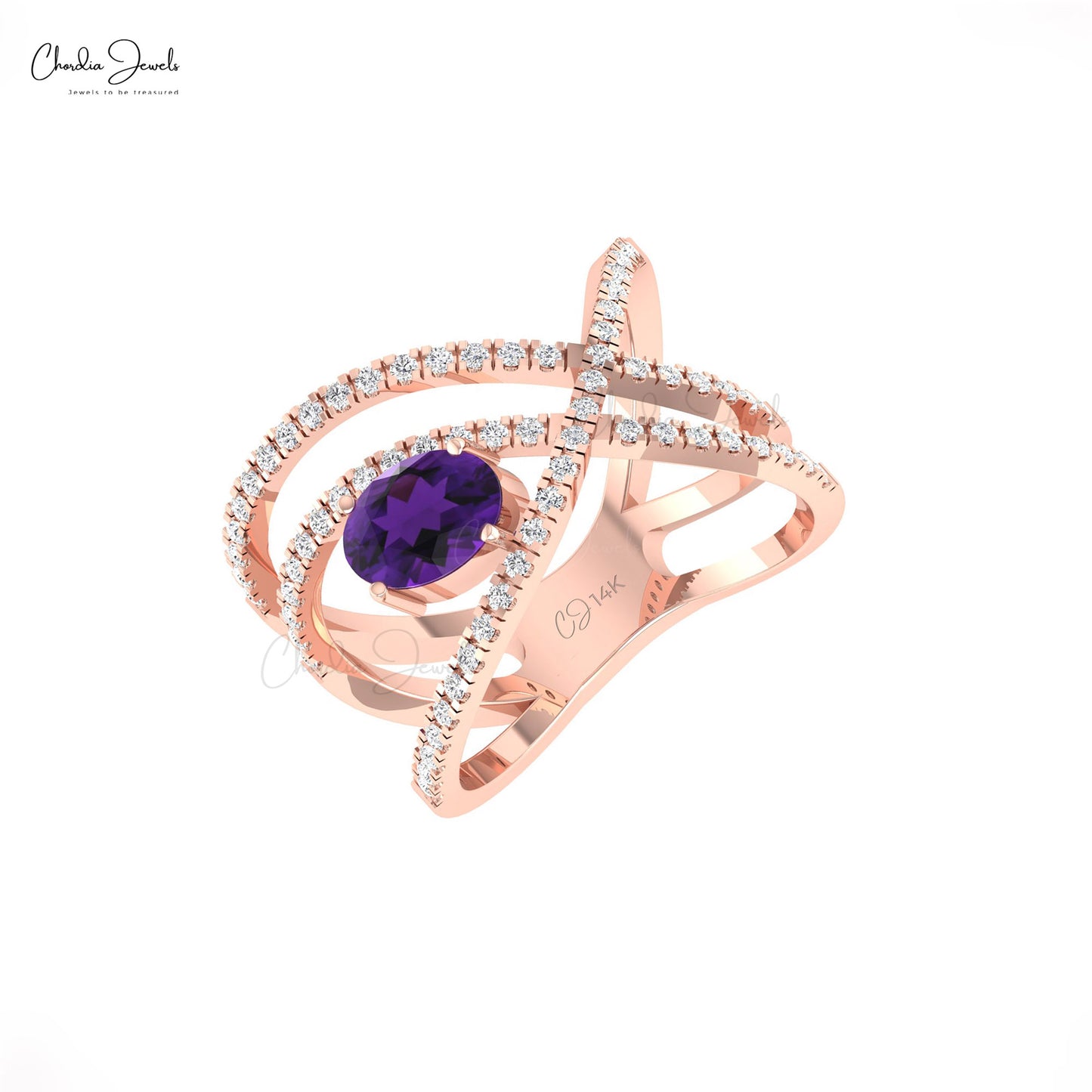 Bypass Ring With 7x5mm Amethyst Gemstone And Dainty Diamond Bridal Ring In 14k Real Gold