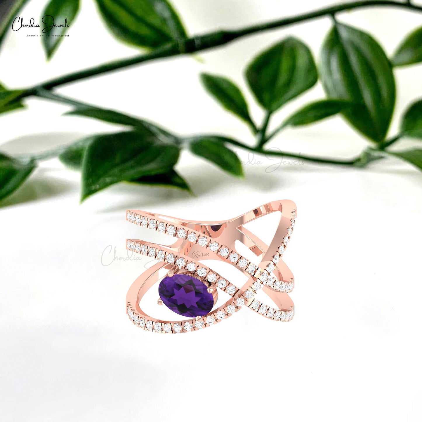 Bypass Ring With 7x5mm Amethyst Gemstone And Dainty Diamond Bridal Ring In 14k Real Gold