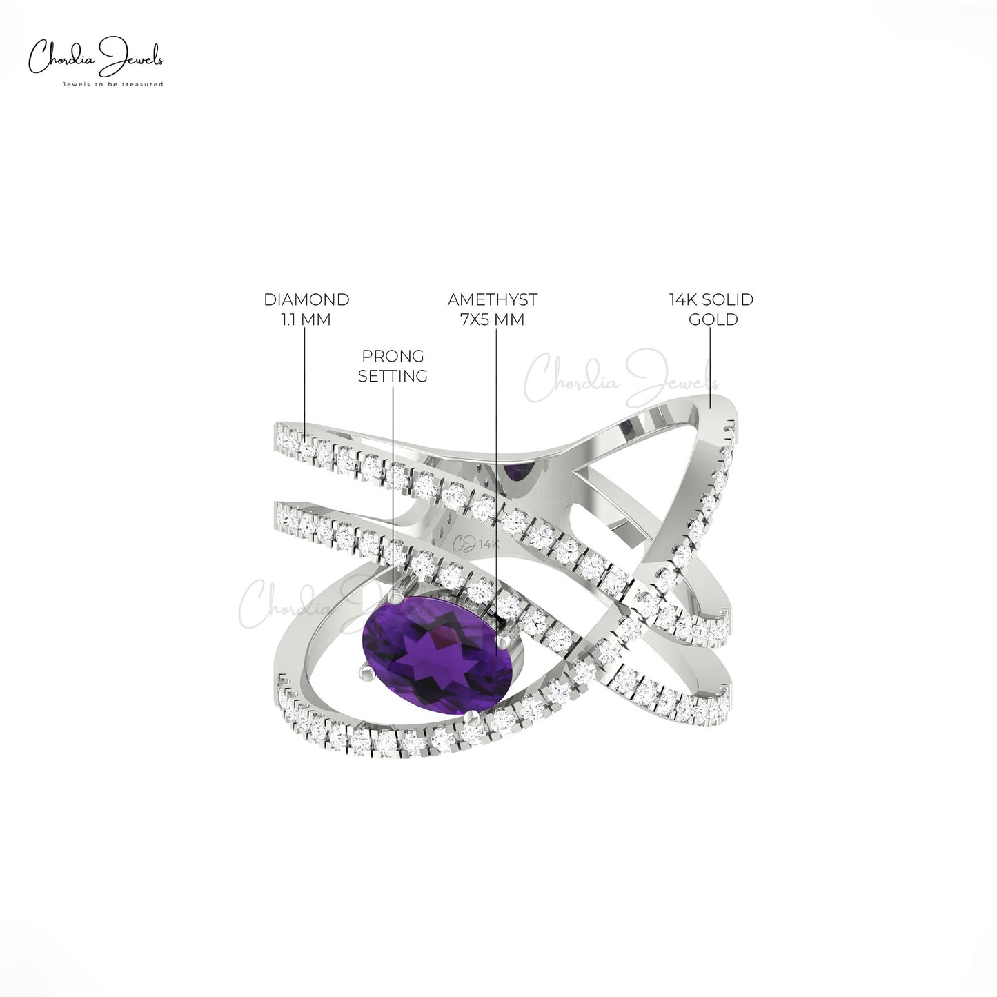 Bypass Ring With 7x5mm Amethyst Gemstone And Dainty Diamond Bridal Ring In 14k Real Gold