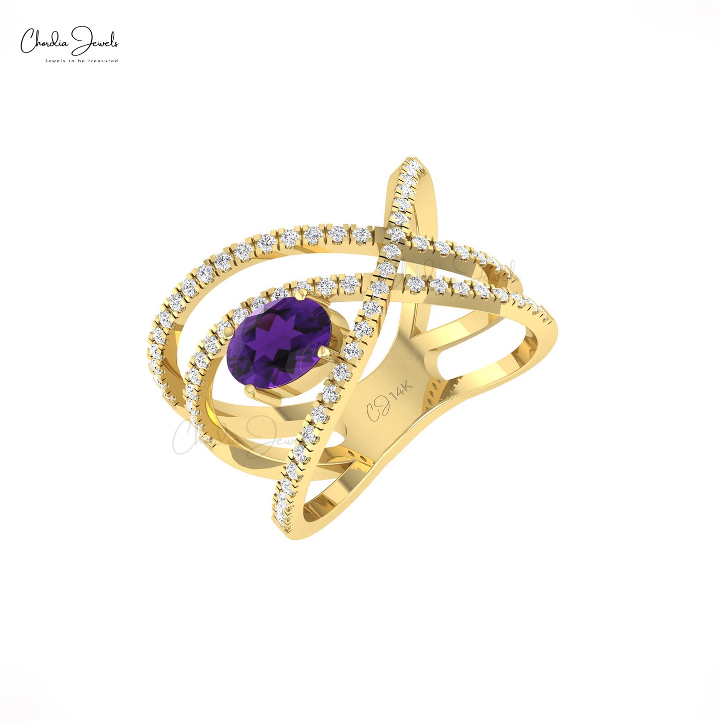 Bypass Ring With 7x5mm Amethyst Gemstone And Dainty Diamond Bridal Ring In 14k Real Gold