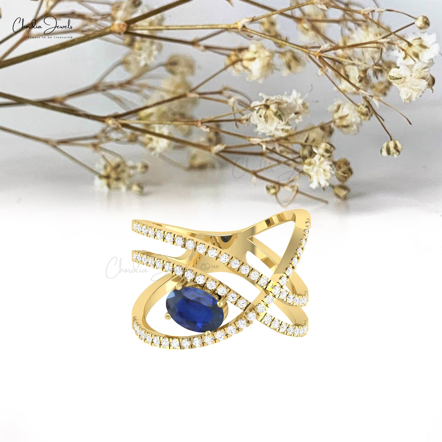 Crossover Unique Ring In Solid 14k Gold Blue Sapphire 1.1 Ct Gemstone And Diamond Ring