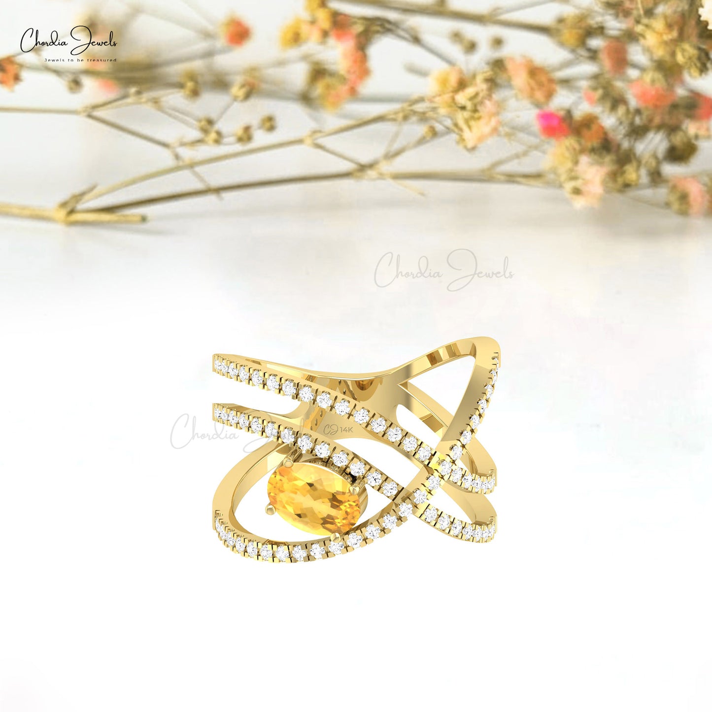 Overlapping Wedding Ring with 0.72 Ct Citrine And Diamond Accents In 14k Real Gold Jewelry