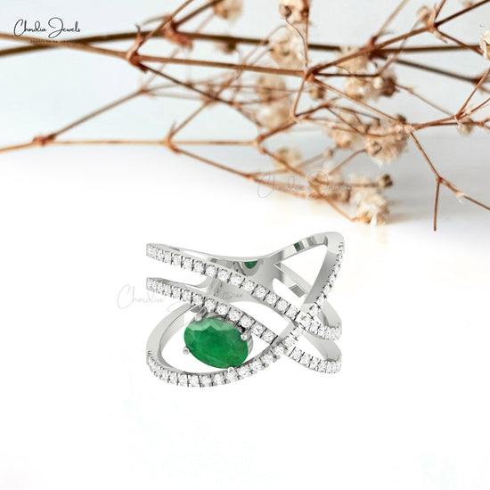 Crossover Infinity 1.1Ct Emerald & Diamond Pave Set Ring in 14k Solid Gold