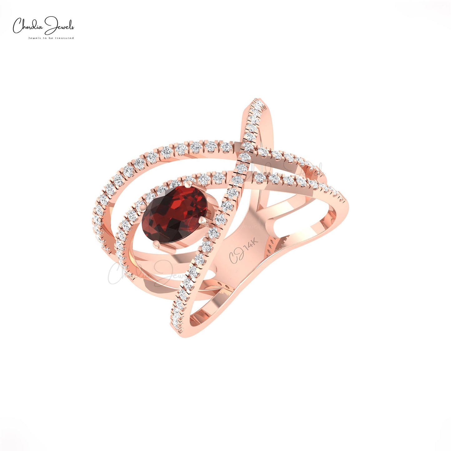 Overlapping Pave Diamond Ring With 1 CT Red Garnet January Birthstone Ring In 14k Real Gold