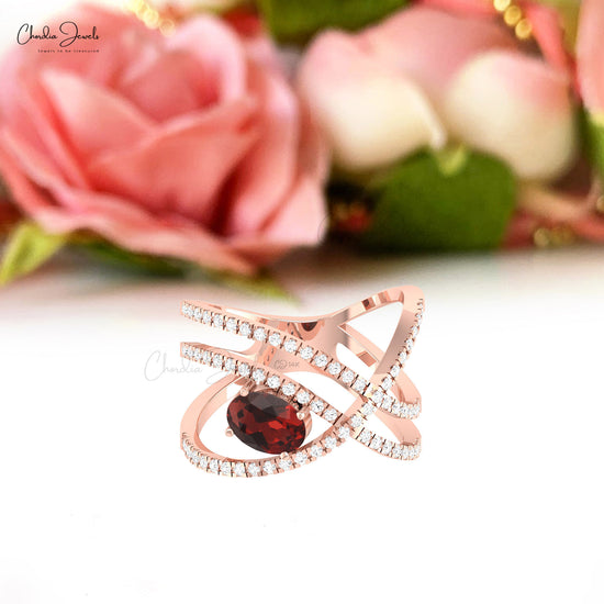 Overlapping Pave Diamond Ring With 1 CT Red Garnet January Birthstone Ring In 14k Real Gold