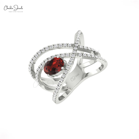 Overlapping Pave Diamond Ring With 1 CT Red Garnet January Birthstone Ring In 14k Real Gold