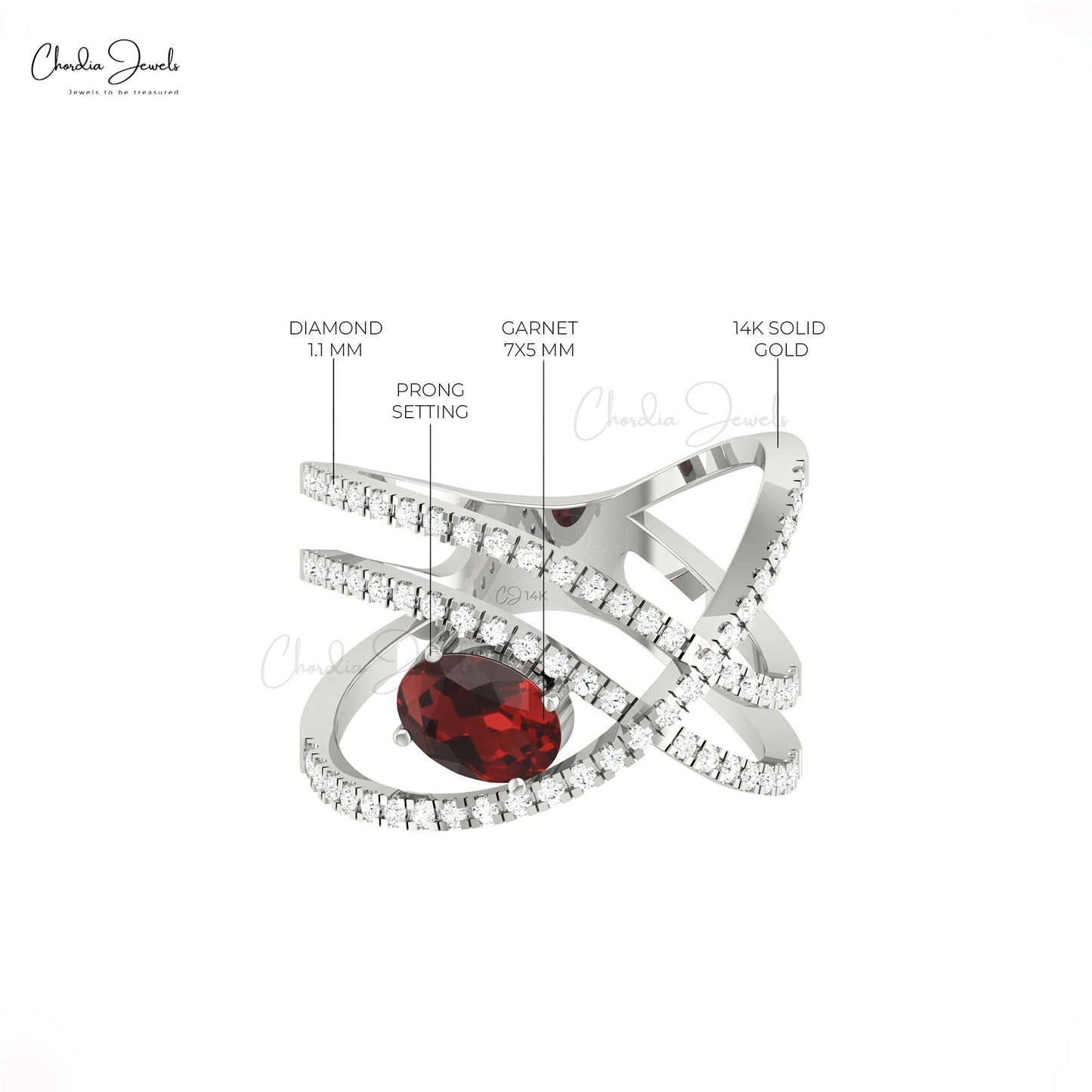 Overlapping Pave Diamond Ring With 1 CT Red Garnet January Birthstone Ring In 14k Real Gold