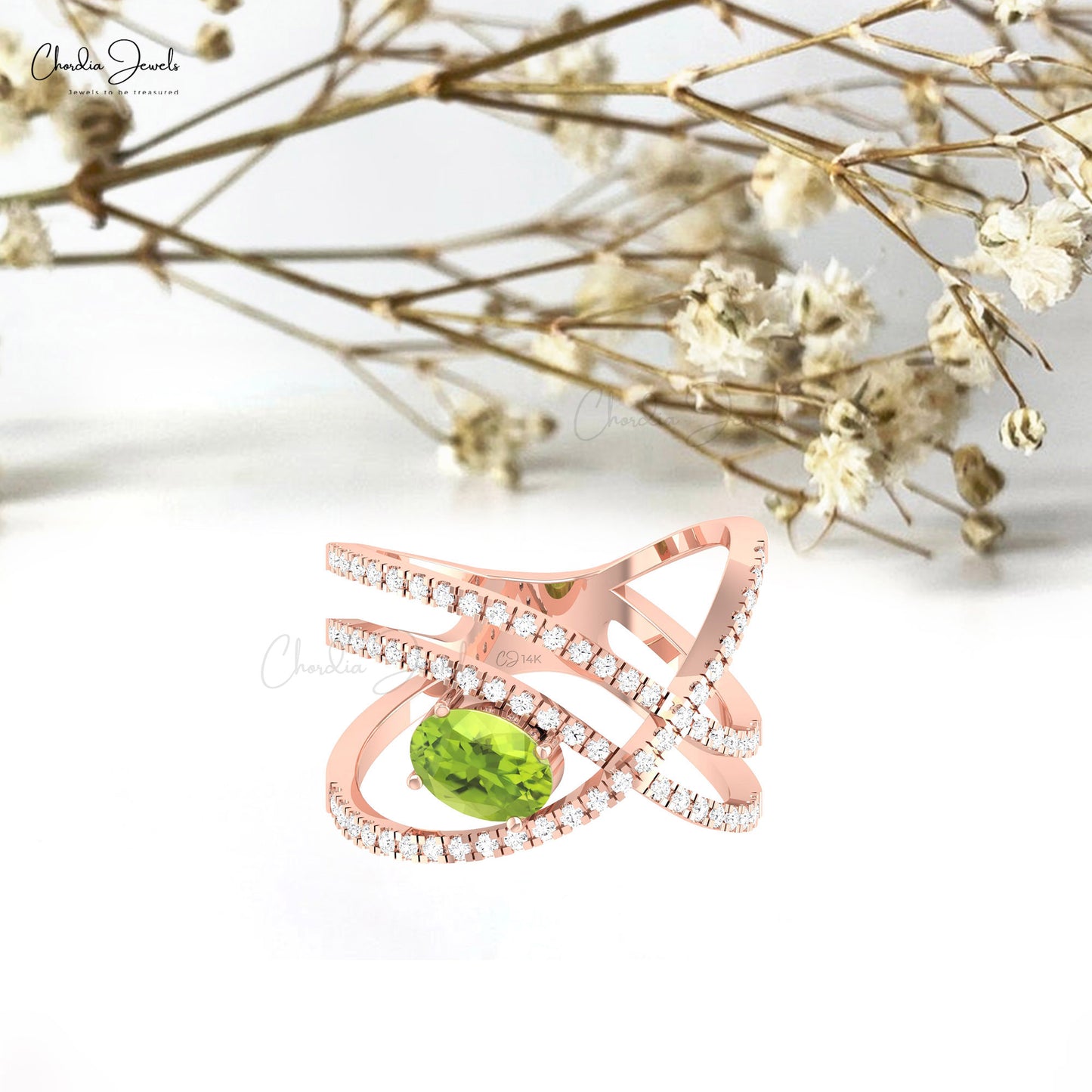 Natural Peridot 0.7 CT Oval Gemstone And Small Diamond Crossover 14k Solid Gold Ring For Mom