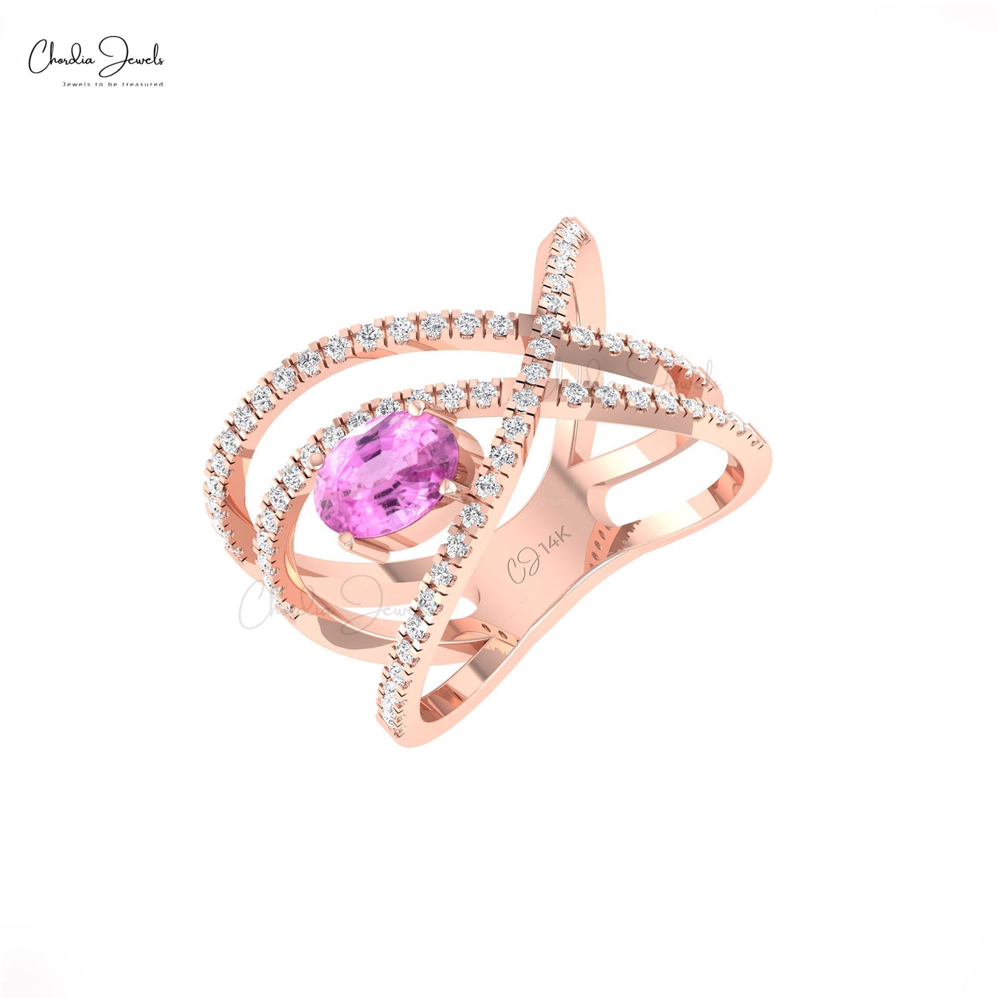 Overlapping 7x5mm Oval Pink Sapphire 14k Real Gold with Diamond Infinity Rings For Her