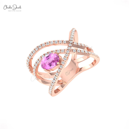 Overlapping Gemstone Ring With 7x5mm Pink Sapphire & Diamond Infinity Ring in 14k Solid Gold