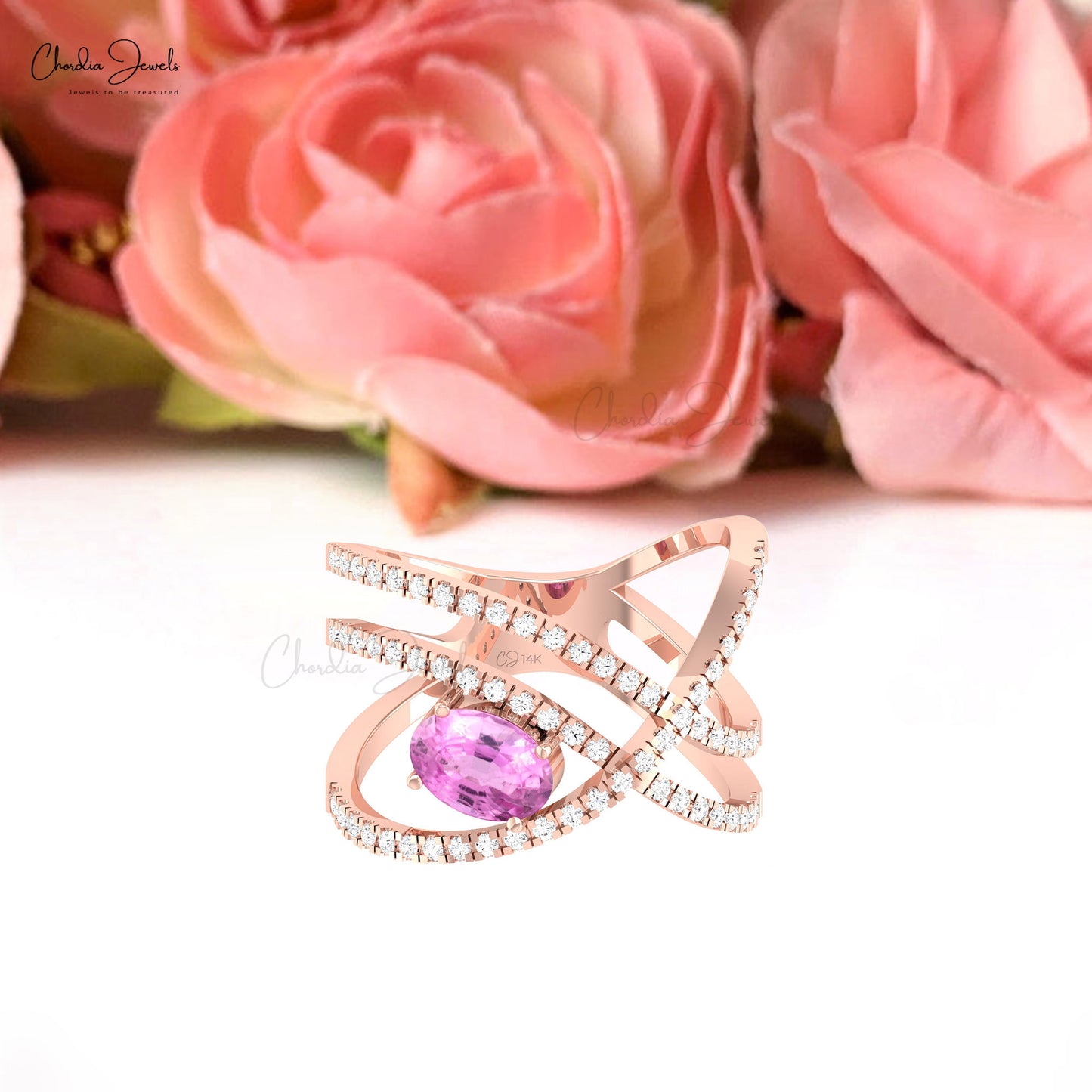 Overlapping 7x5mm Oval Pink Sapphire 14k Real Gold with Diamond Infinity Rings For Her