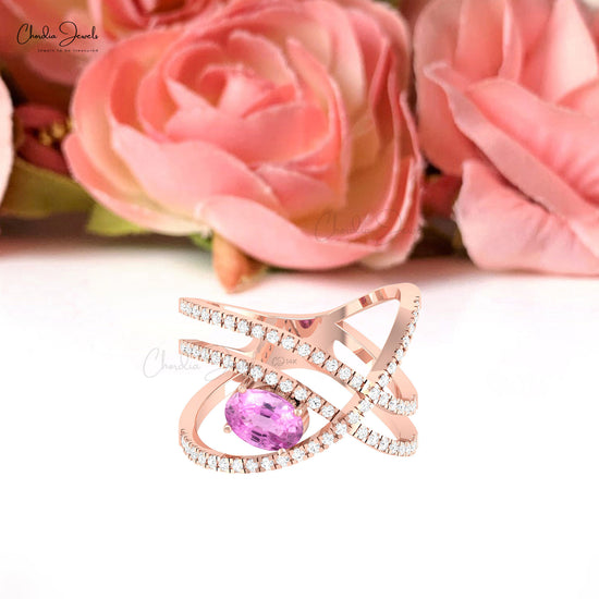 Overlapping Gemstone Ring With 7x5mm Pink Sapphire & Diamond Infinity Ring in 14k Solid Gold