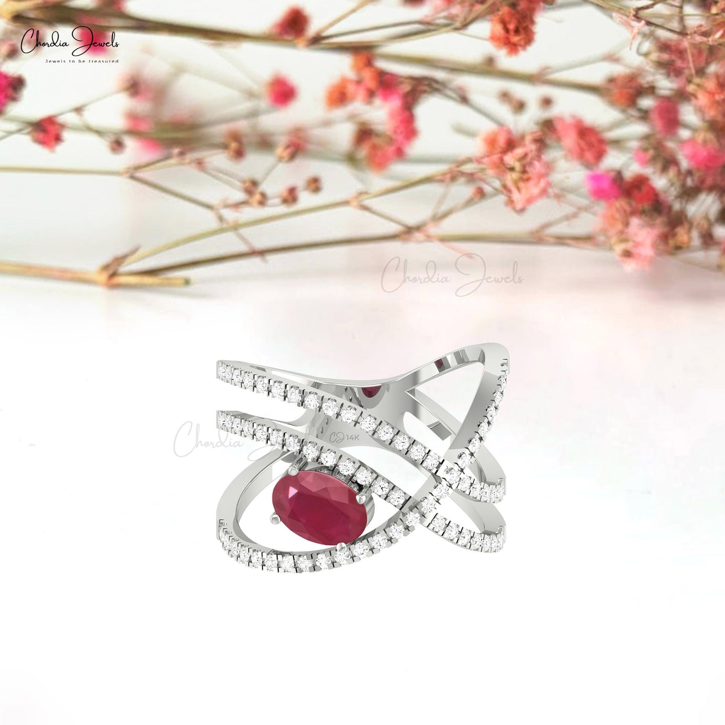 Crossover Prong Set Oval Ruby 14k Real Gold with Diamond Infinity Rings For Women