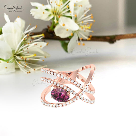 Multi Shank Ring With 7x5mm Rhodolite Garnet And Small Diamond 14k Solid Gold Women Ring