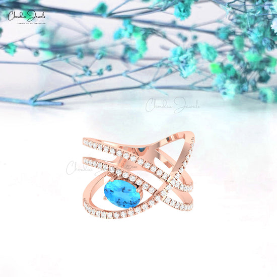 Crisscross 14k Solid Gold Ring With 7x5mm Blue Topaz And Pave Diamond Statement Ring For Mom