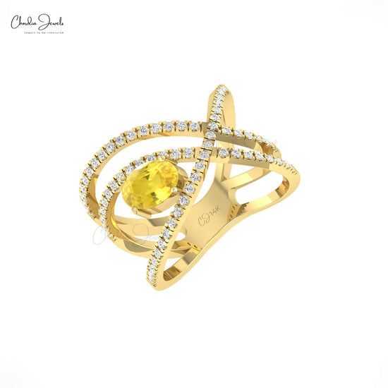 Real 14k Gold Crossover Ring With 1.1 Ct Yellow Sapphire And Pave Diamond Women Ring