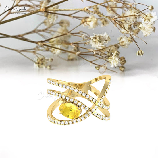 Real 14k Gold Crossover Ring With 1.1 Ct Yellow Sapphire And Pave Diamond Women Ring