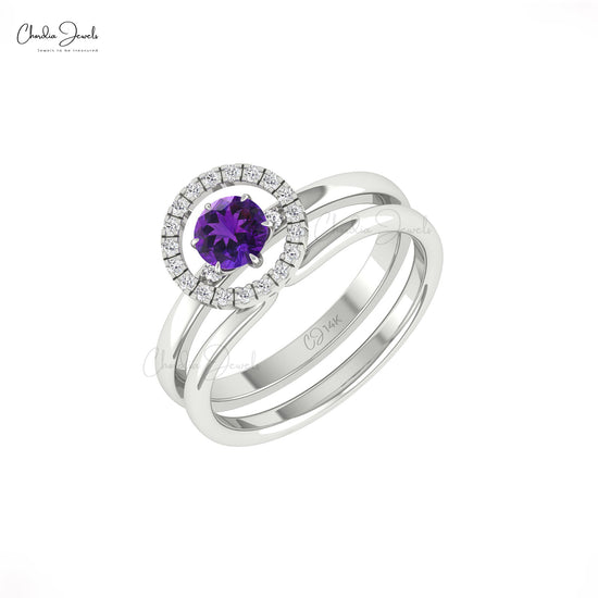 Authentic Amethyst 0.5 CT Gemstone With Pave Diamond 14k Solid Gold Dual Band Ring