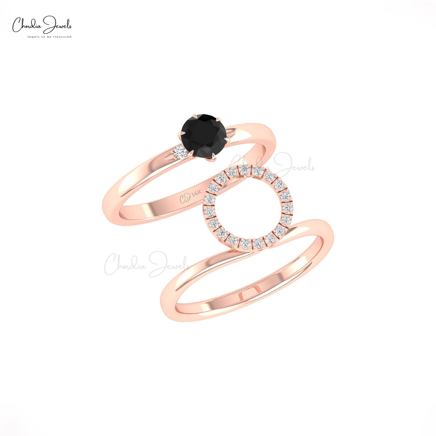 Solitaire 5mm Black Diamond With Halo Diamond 14k Solid Gold Stackable Ring For Women