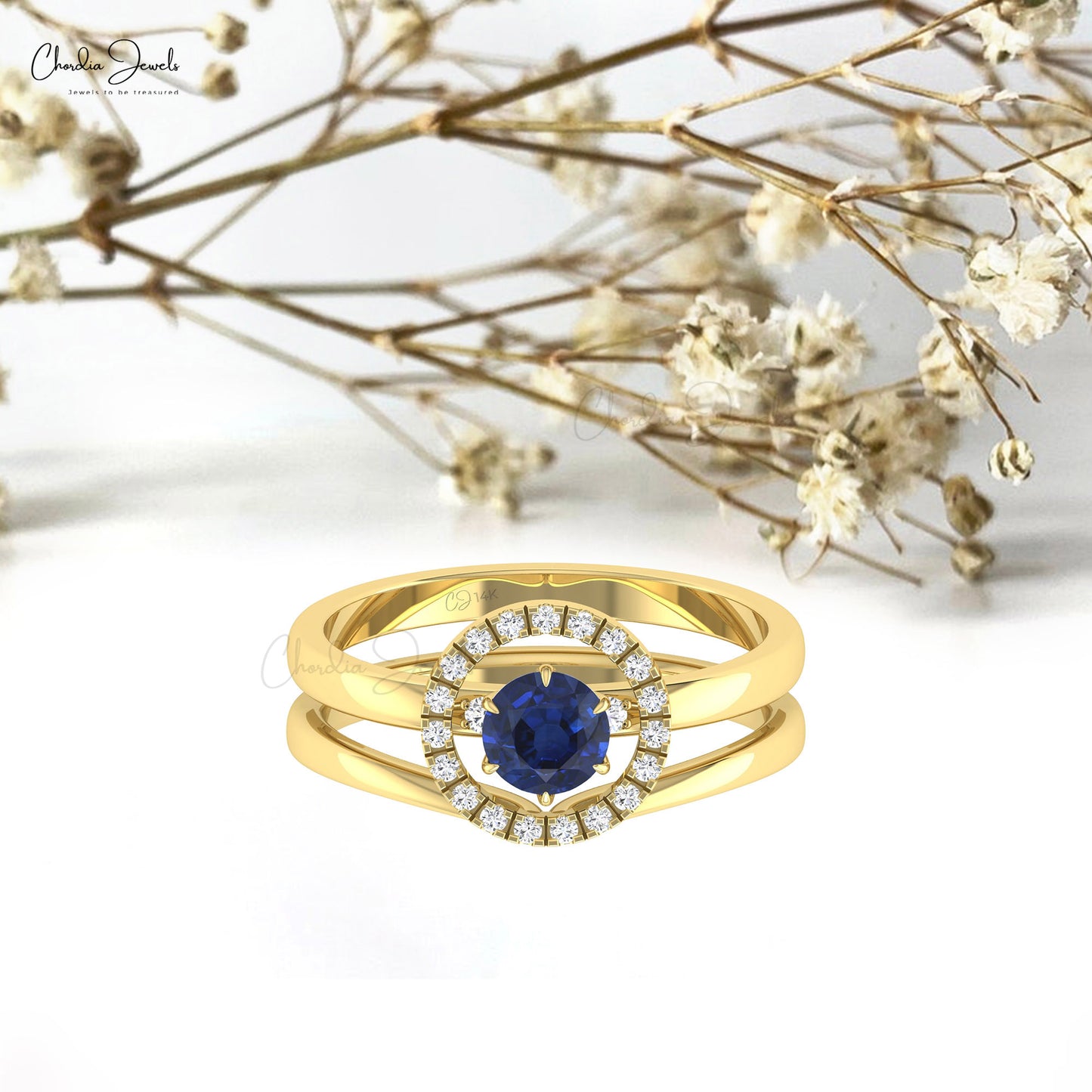 Stackable Halo Circle Ring With 5mm Blue Sapphire And G-H Diamond 14k Gold Ring