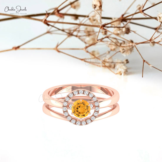 Dual Band Stack Ring In 14k Solid Gold With 0.5 CT Citrine And G-H Diamond Halo Ring For GF