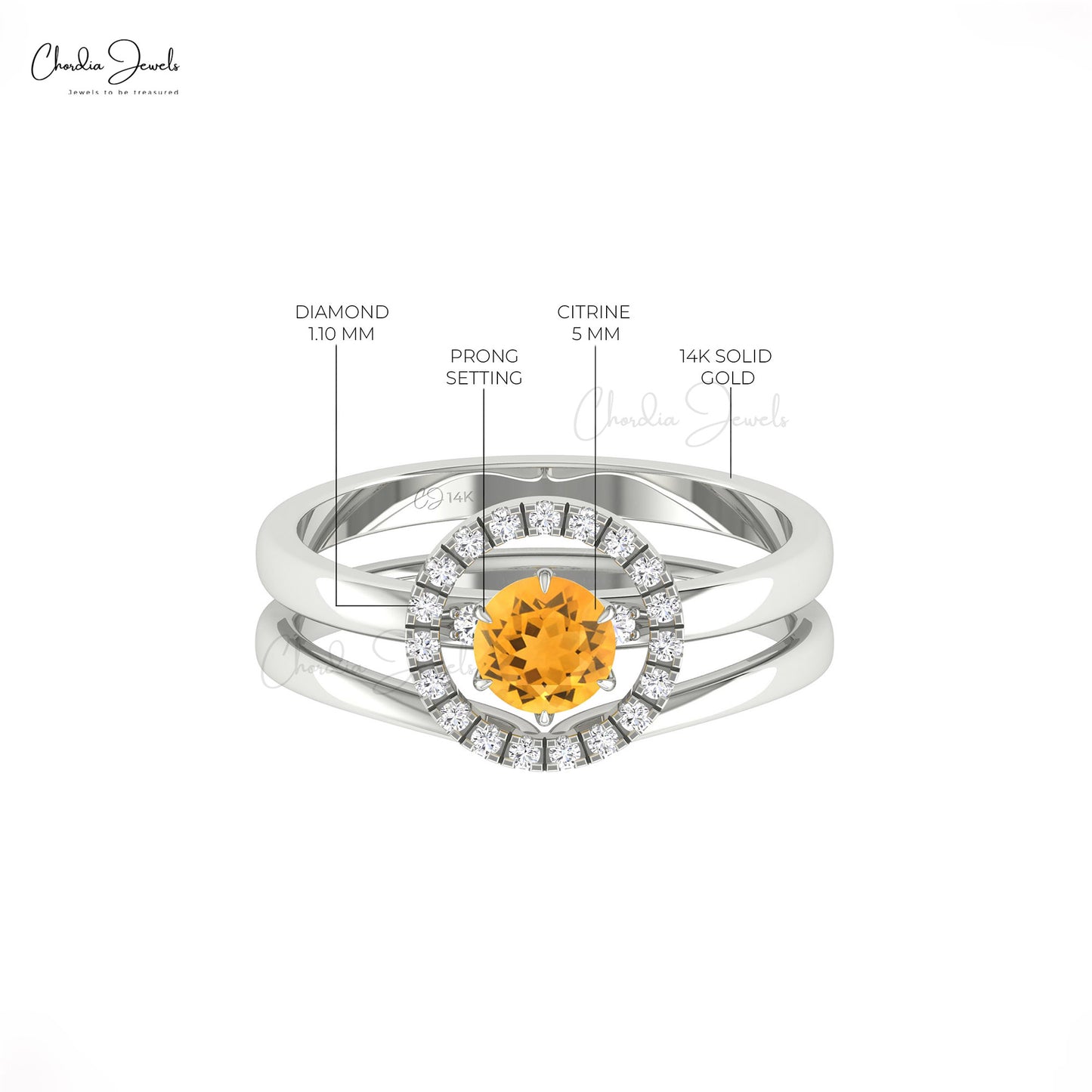 Dual Band Stack Ring In 14k Solid Gold With 0.5 CT Citrine And G-H Diamond Halo Ring For GF