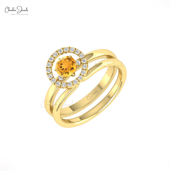 Dual Band Stack Ring In 14k Solid Gold With 0.5 CT Citrine And G-H Diamond Halo Ring For GF