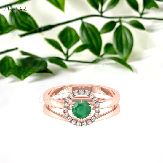 Stackable 14k Solid Gold Ring With 0.5 CT Zambian Emerald And Diamond Circle Ring For Love