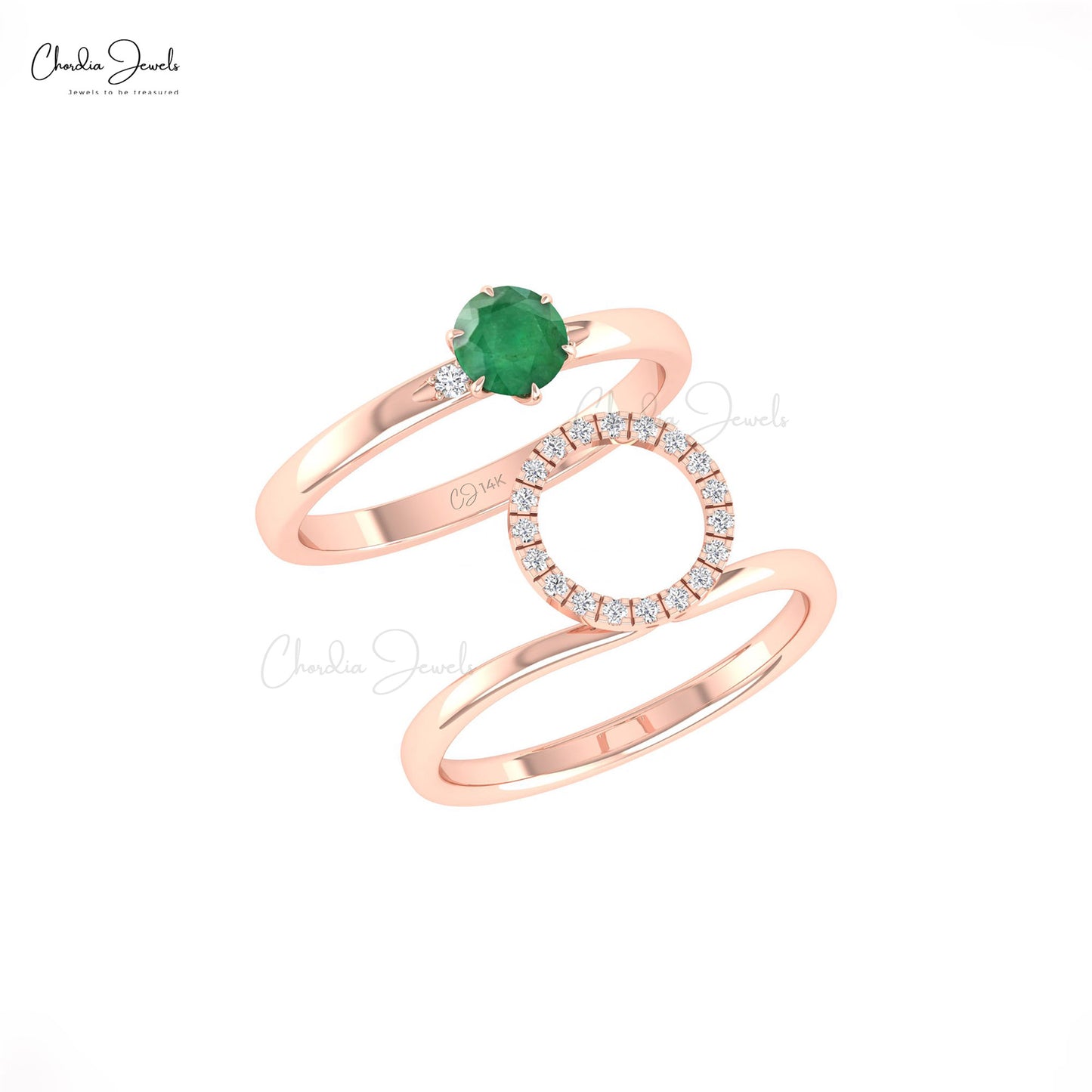 Stackable 14k Solid Gold Ring With 0.5 CT Zambian Emerald And Diamond Circle Ring For Love