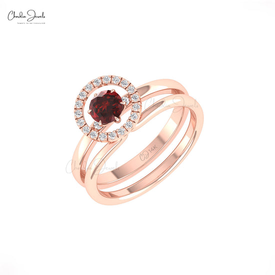 Dual Band Ring In 14k Solid Gold With 0.5 CT Garnet Gemstone And Pave Diamond Wedding Ring