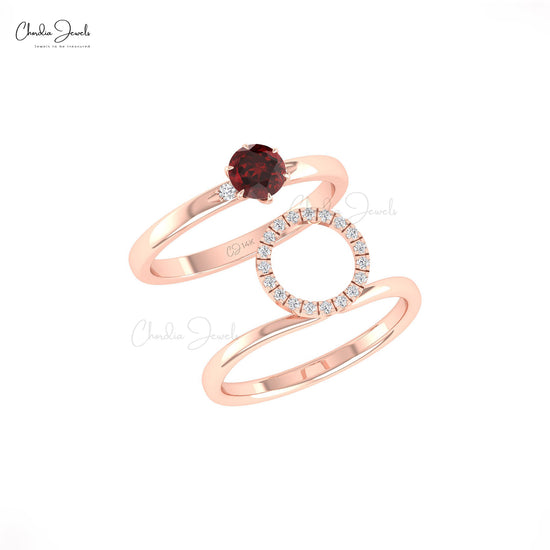 Dual Band Ring In 14k Solid Gold With 0.5 CT Garnet Gemstone And Pave Diamond Wedding Ring