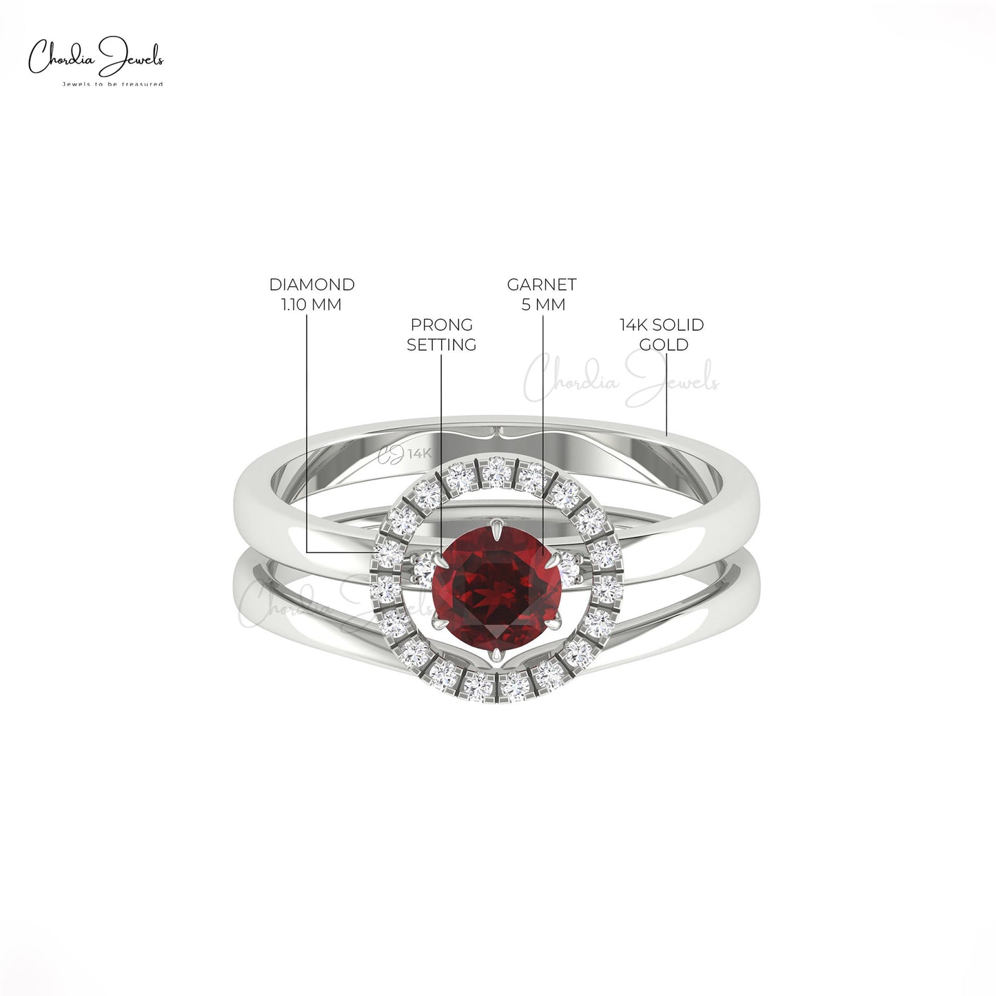 Dual Band Ring In 14k Solid Gold With 0.5 CT Garnet Gemstone And Pave Diamond Wedding Ring