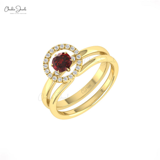 Dual Band Ring In 14k Solid Gold With 0.5 CT Garnet Gemstone And Pave Diamond Wedding Ring