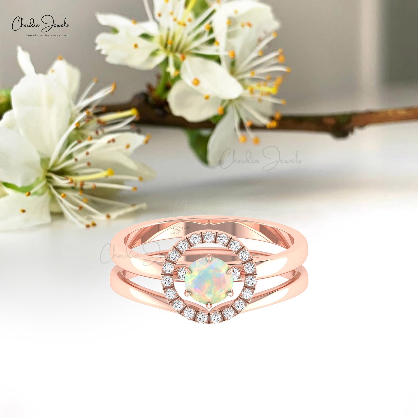 Detachable 14k Solid Gold Halo Ring With 5mm Fire Opal And Small Diamond Stack Ring For Her