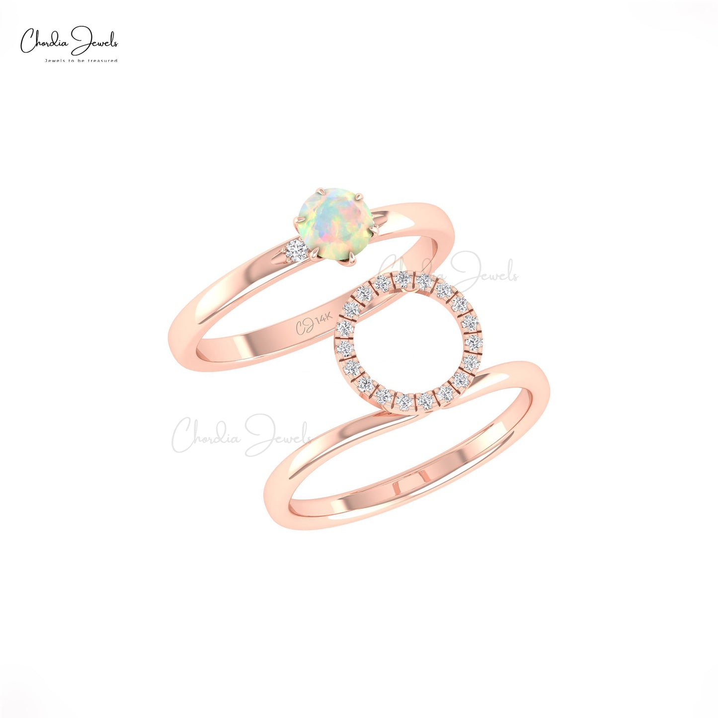 Detachable 14k Solid Gold Halo Ring With 5mm Fire Opal And Small Diamond Stack Ring For Her