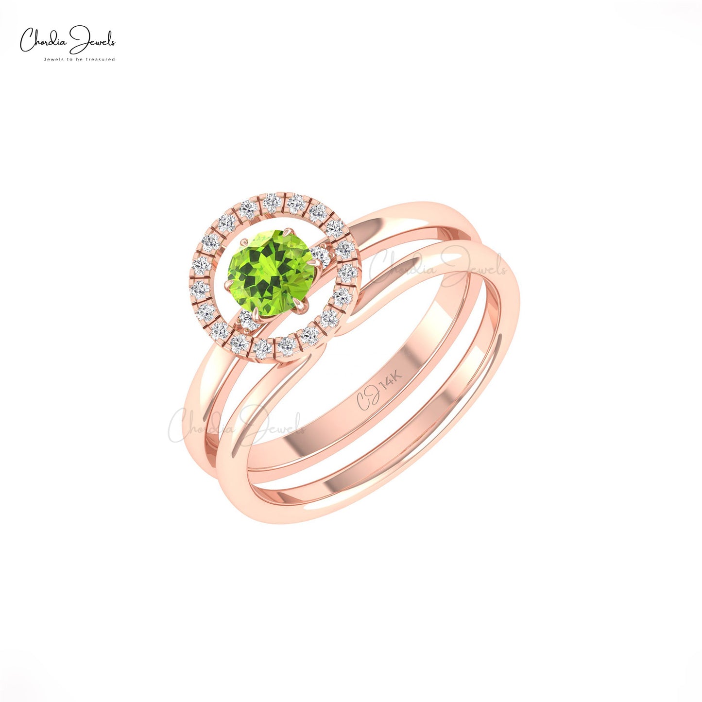 Stackable Dual Band Ring With 0.5 CT Green Peridot And Diamond Wedding Ring In 14k Solid Gold