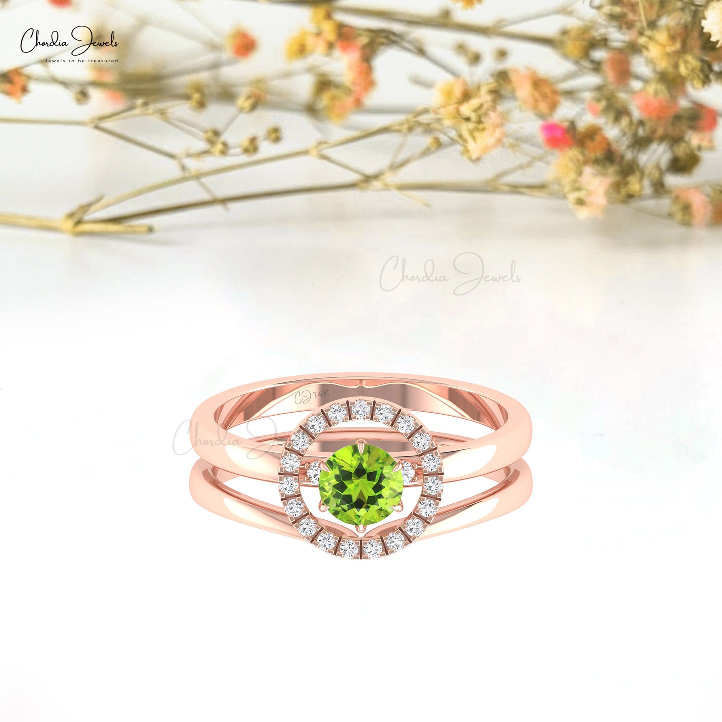 Stackable Dual Band Ring With 0.5 CT Green Peridot And Diamond Wedding Ring In 14k Solid Gold