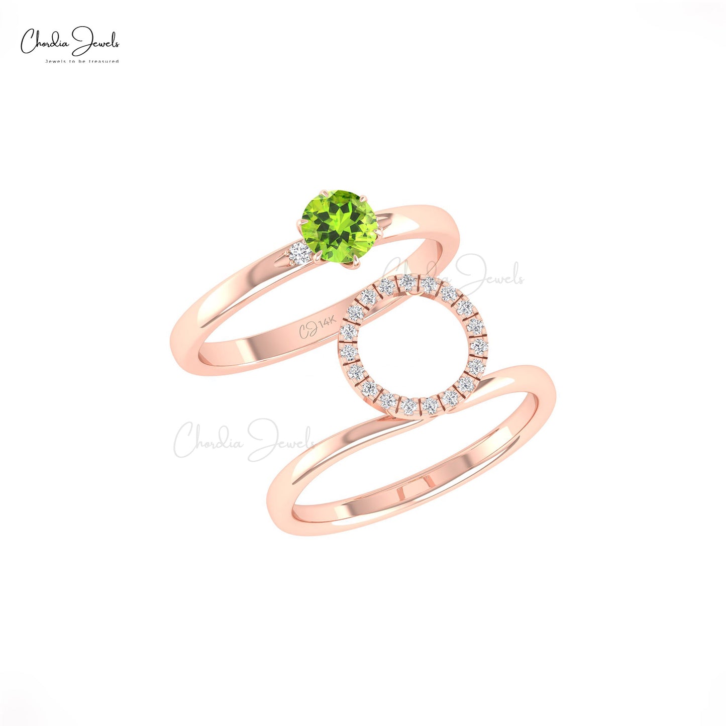 Stackable Dual Band Ring With 0.5 CT Green Peridot And Diamond Wedding Ring In 14k Solid Gold