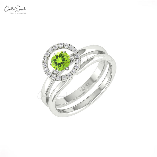 Stackable Dual Band Ring With 0.5 CT Green Peridot And Diamond Wedding Ring In 14k Solid Gold