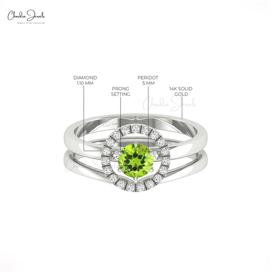 Stackable Dual Band Ring With 0.5 CT Green Peridot And Diamond Wedding Ring In 14k Solid Gold