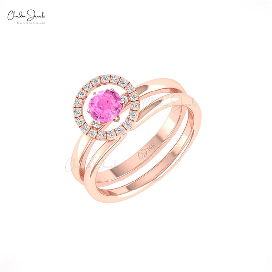 Diamond Halo Circle Ring With 5mm Pink Sapphire Accents In 14k Solid Gold Wedding Ring