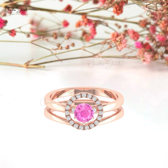 Diamond Halo Circle Ring With 5mm Pink Sapphire Accents In 14k Solid Gold Wedding Ring