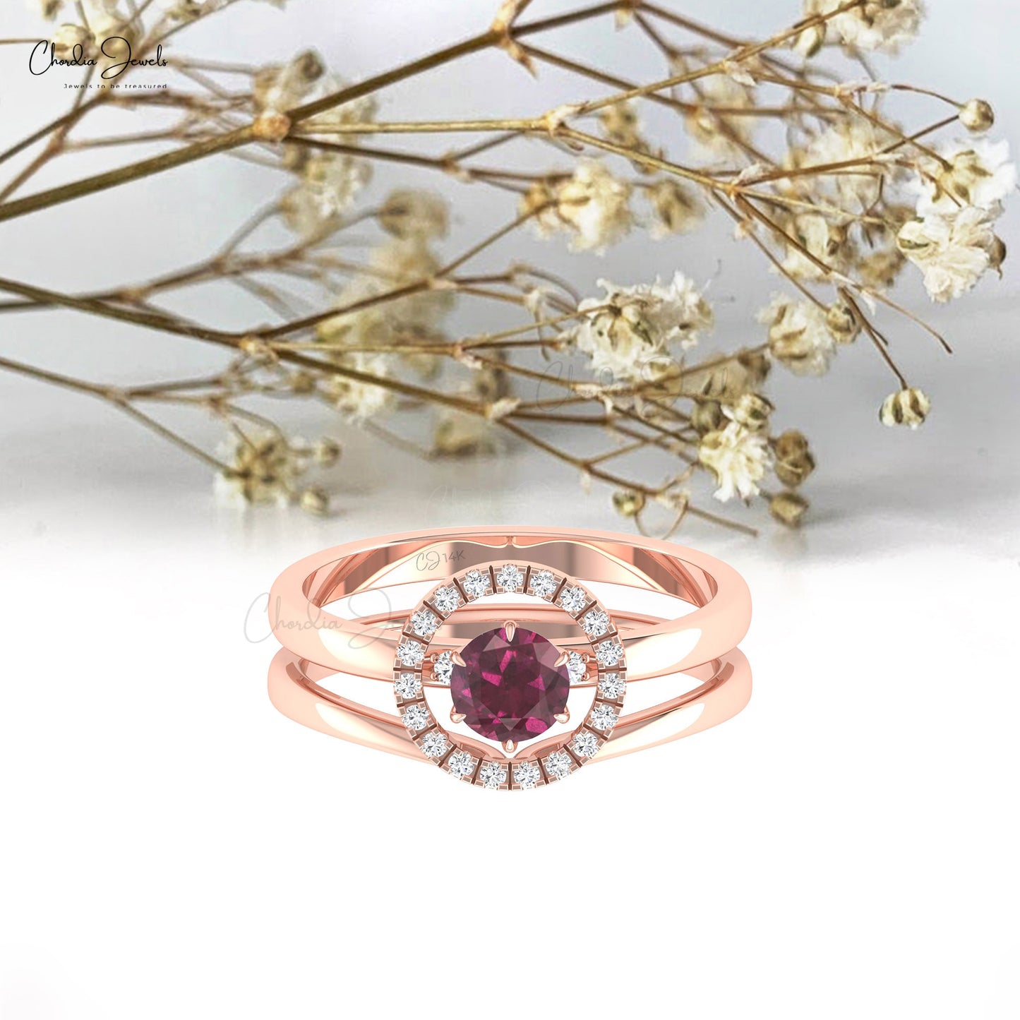 Detachable Ring With 5mm Rhodolite Garnet And Circle Diamond Engagement Ring In 14k Real Gold