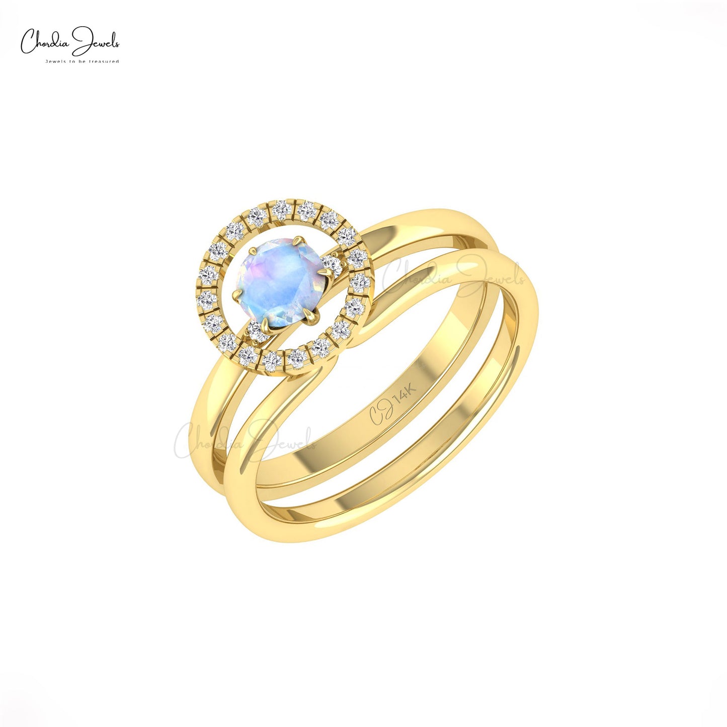 Solitaire Dual Band Ring With 5mm Moonstone And Diamond Circle 14k Solid Gold Ring